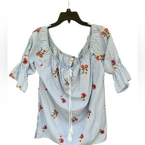 Beach Stop Embroidered Peasant Blouse Blue White Striped G/XL - Preloved